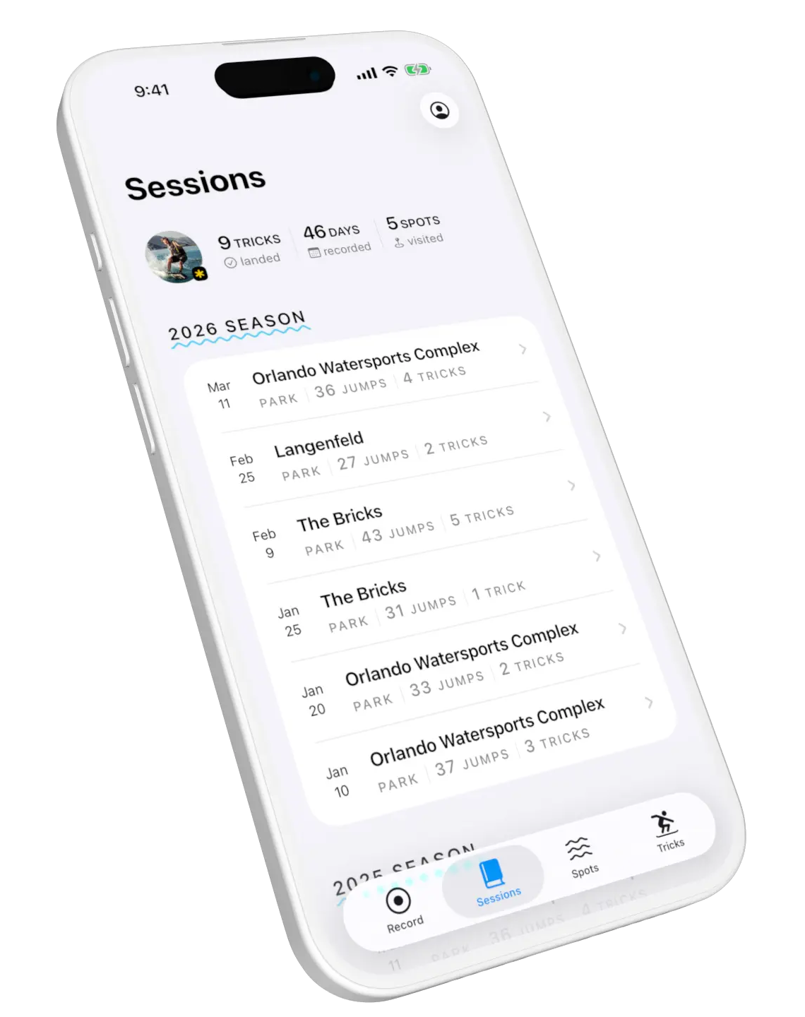 Wake app session logging screen showing tricks landed and session notes